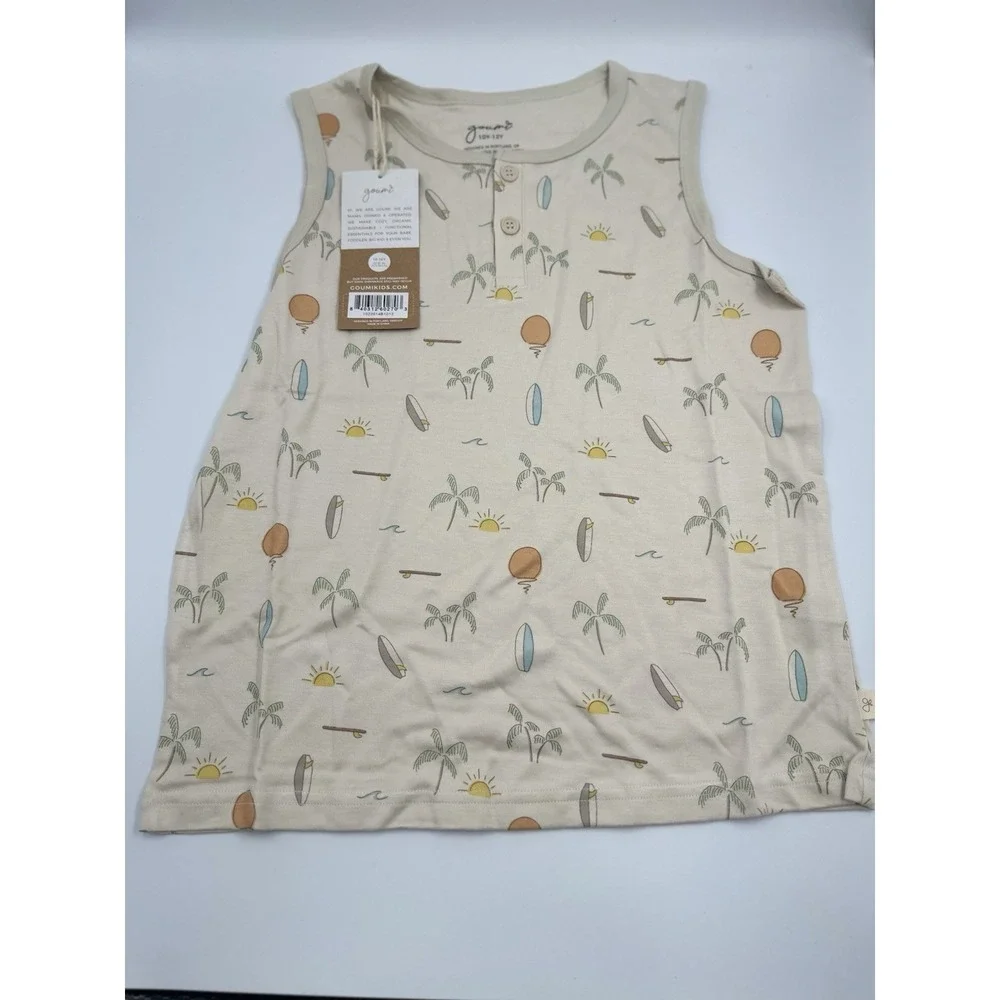 Goumi Kids Tank Top Henley Button Size 10-12 Year All Over Beach Print Vacay NEW